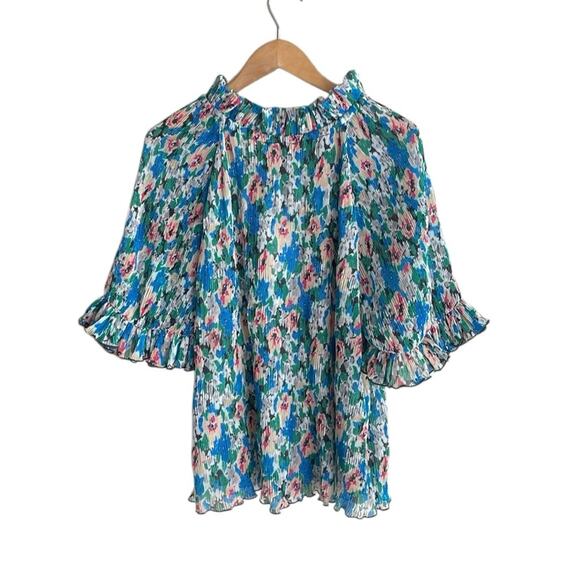 Ganni Pleated Georgette Ruffle V-Neck Blouse in Floral Azure Blue - Picture 3 of 16